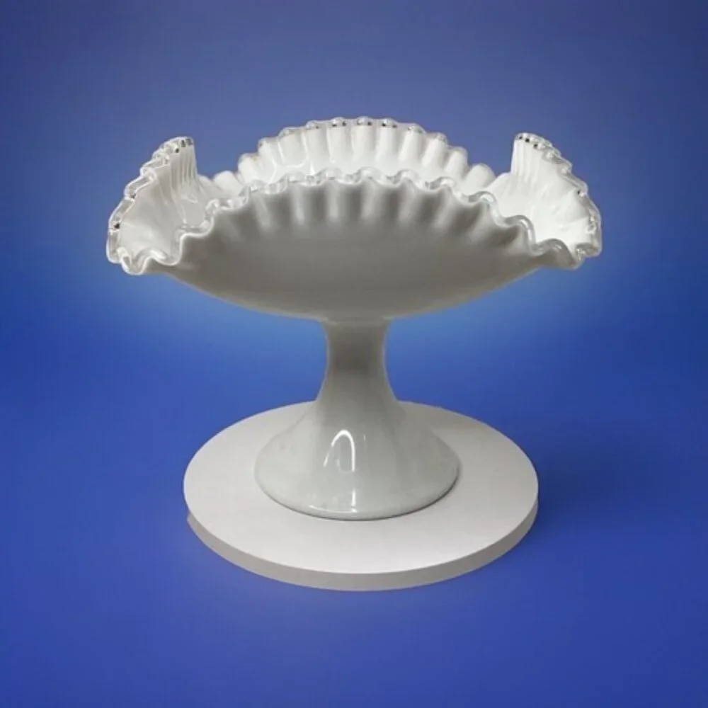 Fenton large square Silver crest white milk glass ruffled footed pedestal bowl - Picture 2 of 5